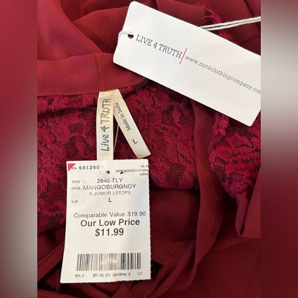 Live 4 TRUTH Lace Top Burgundy 3/4 Sleeve Junior's Size Large - Picture 6 of 6